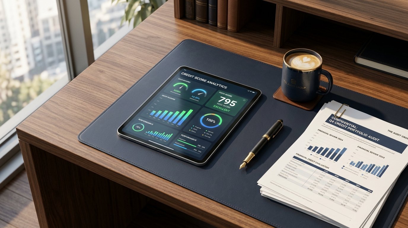 Executive workspace with credit score analytics, 3-bureau audit reports, and tablet