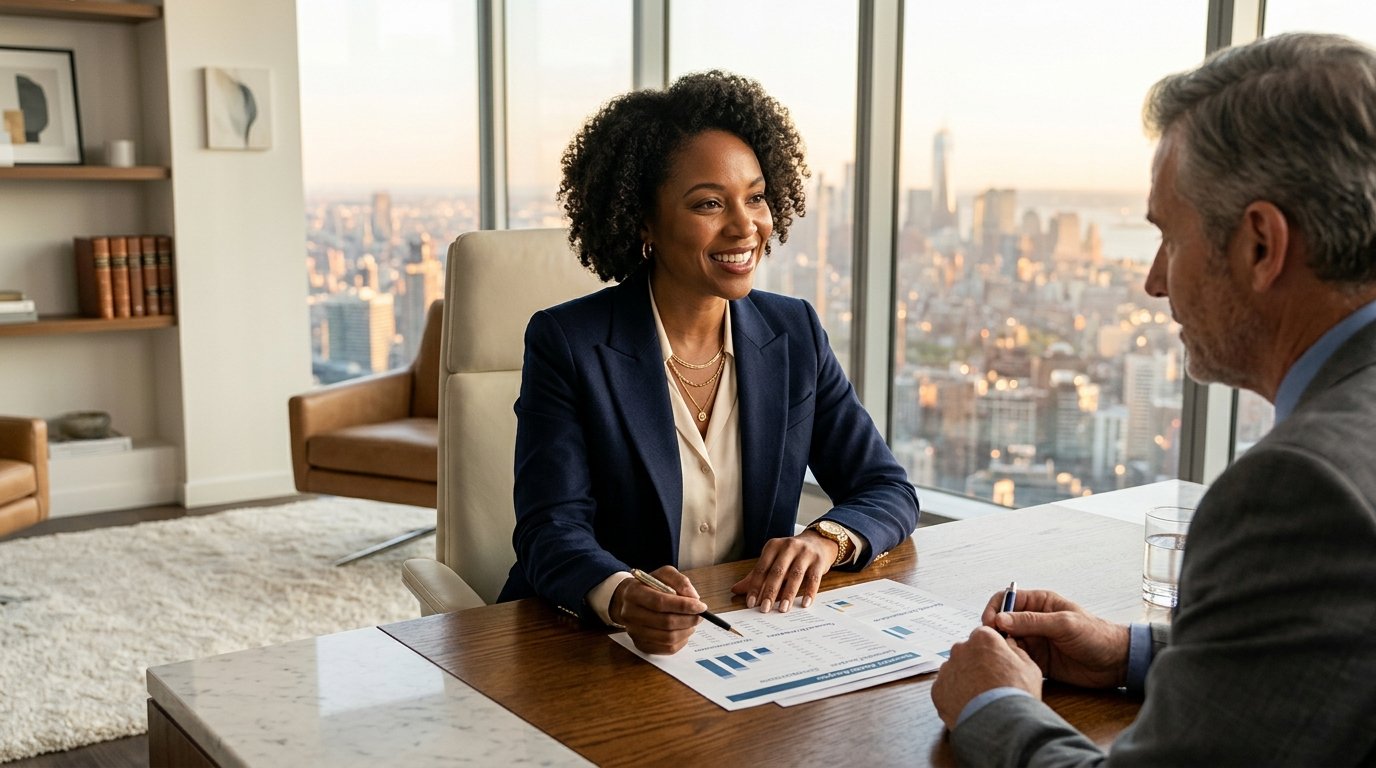 Professional credit advisor reviewing financial records and credit reports with client