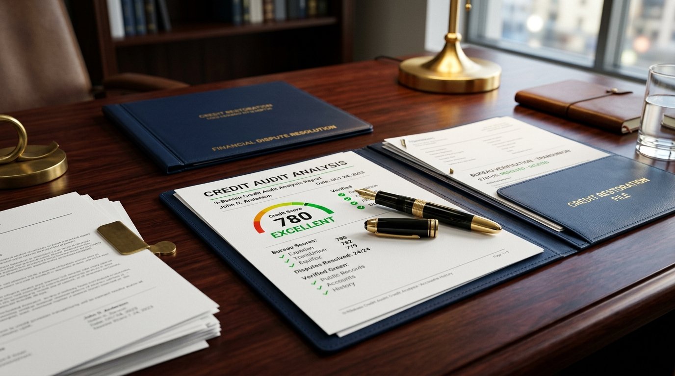 Credit audit review with positive score trajectory, reports, and dispute documentation