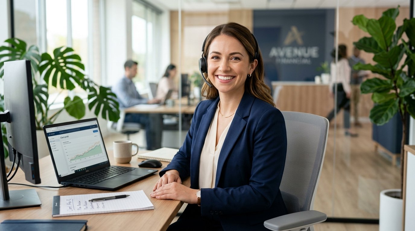 Client care credit advisor with headset ready to assist clients with personal credit questions